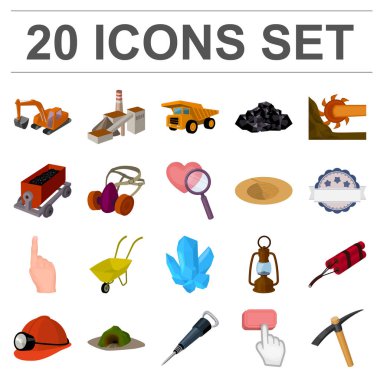 Madencilik Sanayi karikatür simgeleri set koleksiyonu tasarım için. Cihazlar ve sembol stok web illüstrasyon vektör.