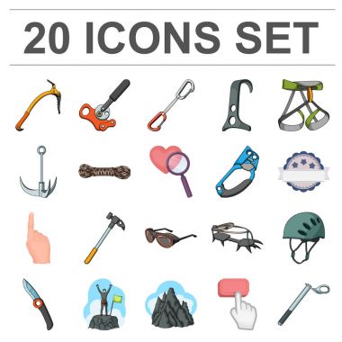 Dağcılık ve set koleksiyonu tasarım için karikatür simgeleri tırmanma. Ekipman ve aksesuarları sembol stok web illüstrasyon vektör.