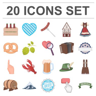 Münih karikatür simgeleri set koleksiyonu tasarım için Ekim Festivali. Gelenek ve eğlenceli sembol stok web illüstrasyon vektör.