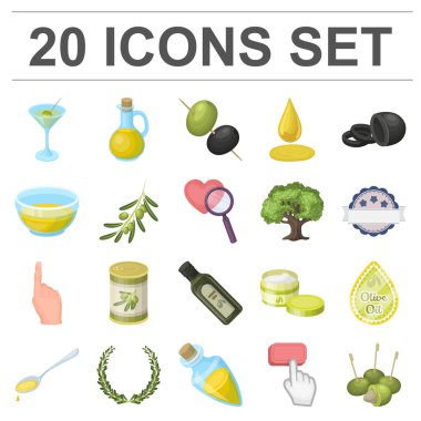 Set koleksiyonu tasarım için zeytin, gıda karikatür simgeler. Zeytin yağı, vektör simge stok web illüstrasyon baharat.