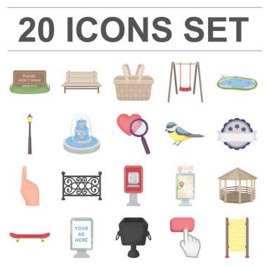 Park, ekipman karikatür simgeleri set koleksiyonu tasarım için. Yürüyüş ve dinlenme sembol stok web illüstrasyon vektör.