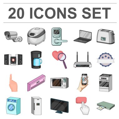 Akıllı ev aletleri set koleksiyonu tasarım için simgeleri karikatür. Modern ev aletleri sembol stok web illüstrasyon vektör.