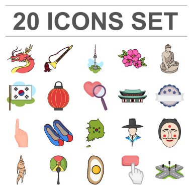 Ülkenin Güney Kore çizgi film set koleksiyonu tasarım için simgeler. Seyahat ve cazibe simge stok web illüstrasyon vektör.