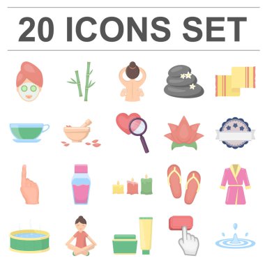 Set koleksiyonu tasarım için Spa salonu ve ekipmanları karikatür simgeler. Rahatlama ve dinlenme sembol stok web illüstrasyon vektör.