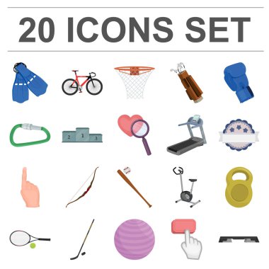 Spor çeşitleri set koleksiyonu tasarım için simgeleri karikatür. Spor ekipmanları vektör simge stok web çizim.