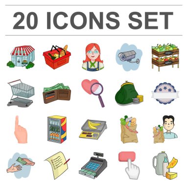 Set koleksiyonu tasarım için süpermarket ve ekipman karikatür simgeler. Satınalma ürünleri vektör simge stok web şekil.