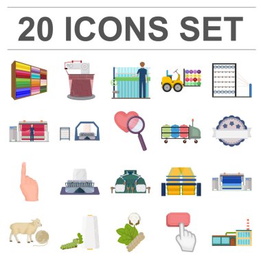 Set koleksiyonu tasarım için Tekstil Sanayi karikatür simgeler. Sembol stok web illüstrasyon vektör Tekstil ekipman ve kumaşlar.