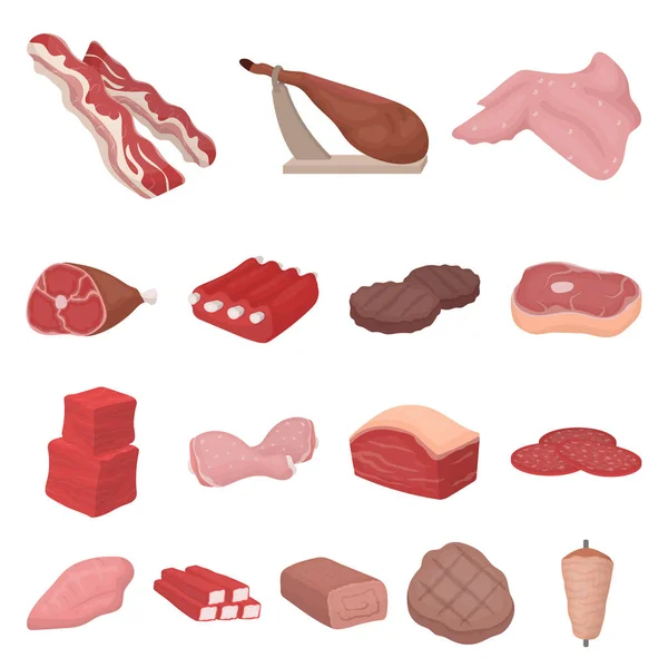 Diferentes iconos de dibujos animados de carne en la colección de conjuntos para el diseño. Carne producto vector símbolo stock web ilustración . — Vector de stock