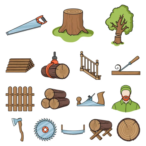 Scierie et icônes de bande dessinée en bois dans la collection set pour le design. Matériel et outils symbole vectoriel stock illustration web . — Image vectorielle