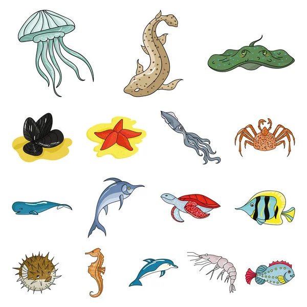 Una variedad de animales marinos iconos de dibujos animados en la colección de conjuntos para el diseño. Peces y mariscos vector símbolo stock web ilustración . — Vector de stock