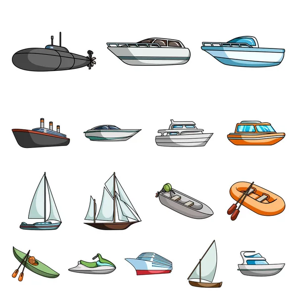 Iconos de dibujos animados de agua y transporte marítimo en la colección de conjuntos para el diseño. Una variedad de barcos y barcos vector símbolo stock web ilustración . — Vector de stock