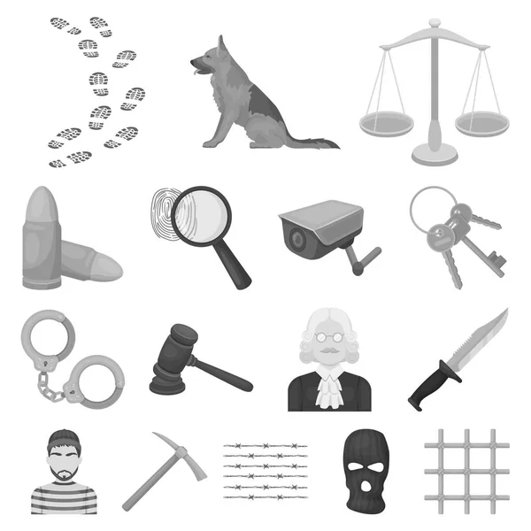 Gefängnis und die kriminalmonochromen Symbole in der Set-Kollektion für design.prison und Attribute Vektor Symbol Stock Web Illustration. — Stockvektor