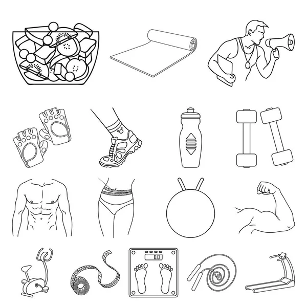 Fitness en kenmerken overzicht pictogrammen in set collectie voor design. Fitness apparatuur vectorillustratie symbool voorraad web. — Stockvector