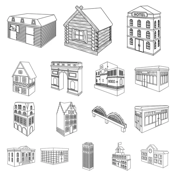 Ícones do esboço da construção e da arquitetura na coleção do jogo para a ilustração da correia fotorreceptora do símbolo isométrico do edifício e da habitação . — Vetor de Stock