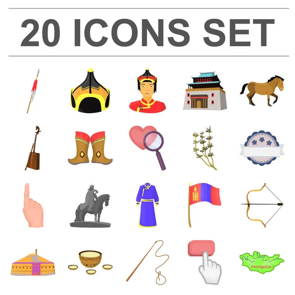 Set koleksiyonu tasarım için ülke Moğolistan karikatür simgeler. Bölge ve dönüm noktası sembol stok web illüstrasyon vektör.