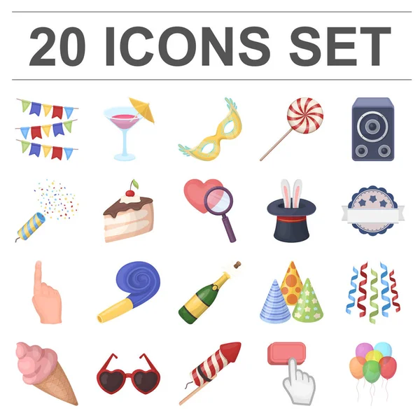 Set koleksiyonu tasarım için parti, eğlence çizgi film simgeler. Vektör simge stok web illüstrasyon kutlama ve tedavi.