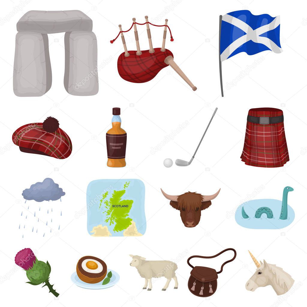 Country Scotland cartoon icons in set collection for design. Sightseeing, culture and tradition vector symbol stock  illustration.