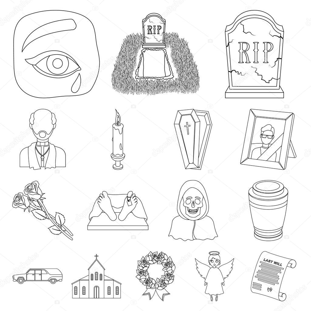Funeral ceremony outline icons in set collection for design. Funerals and Attributes vector symbol stock web illustration.