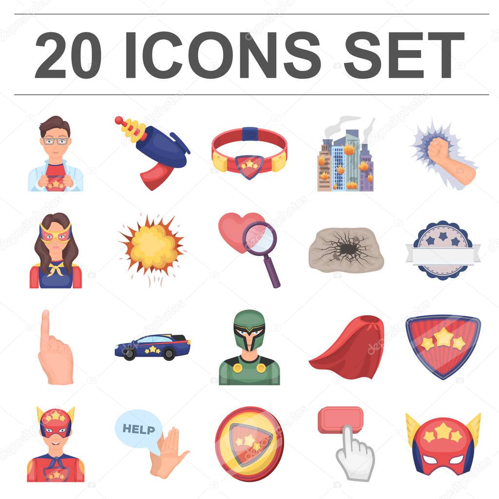 A fantastic superhero cartoon icons in set collection for design. Superheros equipment vector symbol stock  illustration.