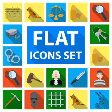 Hapishane ve set koleksiyonu tasarım için criminalflat simgeler. Hapishane ve öznitelikleri sembol stok web illüstrasyon vektör.