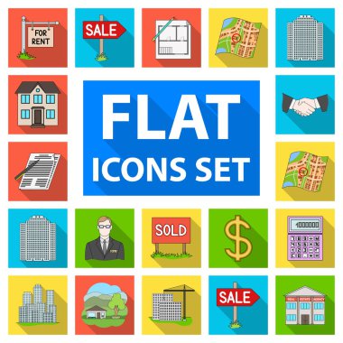 Emlakçı, set koleksiyonu tasarım ajansı düz simgeler. Alış ve satış Emlak vektör simge stok web çizim.