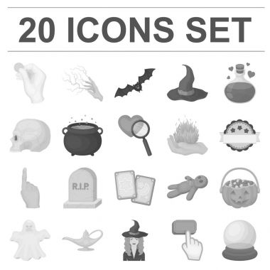 tek renkli ve white magic tek renkli simgeler set koleksiyonu tasarım için. Sembol stok web illüstrasyon vektör öznitelikleri ve büyücü aksesuarları.