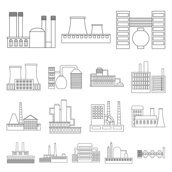 Fabriek en faciliteiten overzicht pictogrammen in set collectie voor design. Fabriek en apparatuur symbool voorraad web vectorillustratie. — Stockvector
