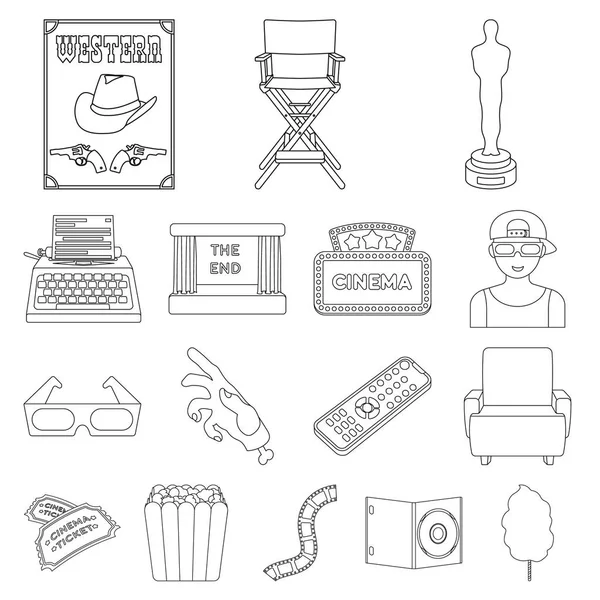 Filme und Kino umreißen Symbole in Set-Sammlung für design.movies und Attribute Vektor-Symbol Stock Web-Illustration. — Stockvektor