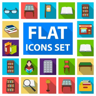 Kütüphane ve kitabevi düz simgeler set koleksiyonu tasarım için. Kitap ve mobilyalar sembol stok web illüstrasyon vektör.