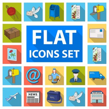 Posta ve postacı düz simgeler set koleksiyonu tasarım için. Posta ve ekipman sembol stok web illüstrasyon vektör.