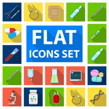 İlaç ve tedavi düz simgeler set koleksiyonu tasarım için. Tıp ve ekipman sembol stok web illüstrasyon vektör.