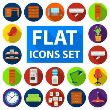 Set koleksiyonu tasarım için çalışma alanı düz simgeler iç. Ofis mobilya vektör simge stok web çizim.