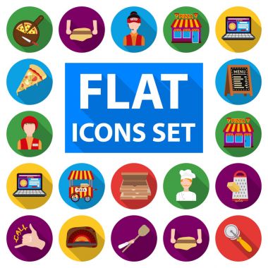 Pizza ve pizza düz simgeler set koleksiyonu tasarım için. Personel ve ekipman sembol stok web illüstrasyon vektör.