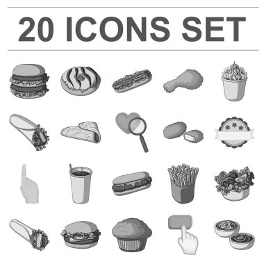 Fast food set koleksiyonu tasarım için tek renkli simgeler. Yarı bitmiş ürünler gıdalardan sembol stok web illüstrasyon vektör.