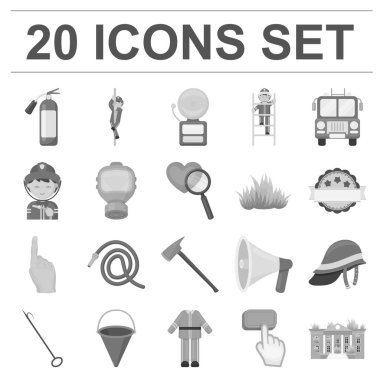 İtfaiye set koleksiyonu tasarım için tek renkli simgeler. İtfaiye eri ve ekipman sembol stok web illüstrasyon vektör.