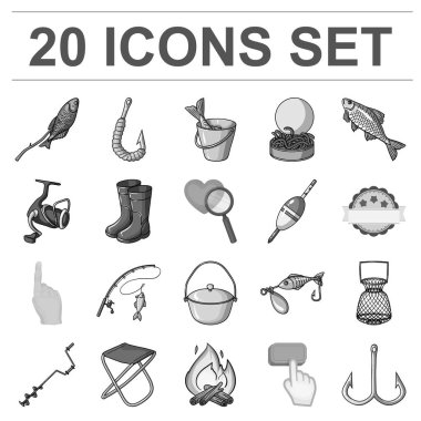 Balık tutma ve geri kalan tek renkli simgeler set koleksiyonu tasarım için. Vektör simge stok web illüstrasyon Balık tutma için mücadele.