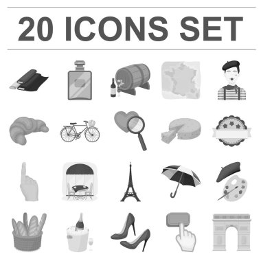 Ülke Fransa set koleksiyonu tasarım için tek renkli simgeler. Fransa ve dönüm noktası sembol stok web illüstrasyon vektör.