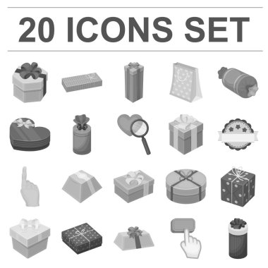 Hediye ve set koleksiyonu tasarım için tek renkli simgeler ambalaj. Renkli ambalaj sembol stok web illüstrasyon vektör.