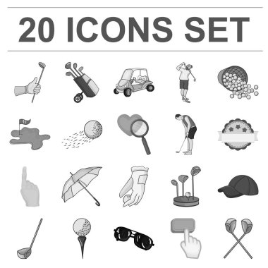 Golf ve öznitelikler tek renkli simgeler set koleksiyonu tasarım için. Golf Kulübü ve ekipman sembol stok web illüstrasyon vektör.