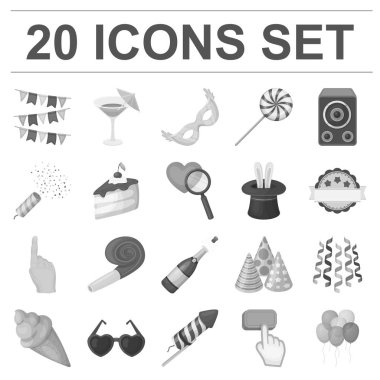 Parti, eğlence tek renkli simgeler set koleksiyonu tasarım için. Vektör simge stok web illüstrasyon kutlama ve tedavi.