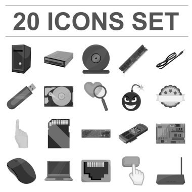 Kişisel bilgisayar set koleksiyonu tasarım için tek renkli simgeler. Ekipman ve aksesuarları sembol stok web illüstrasyon vektör.