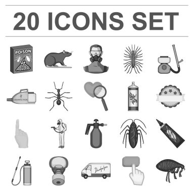 Haşere, zehir, set koleksiyonu tasarım için personel ve ekipman tek renkli simgeler. Haşere kontrol Servisi vektör sembol stok web çizim.