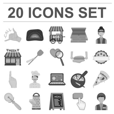 Pizza ve pizza tek renkli simgeler set koleksiyonu tasarım için. Personel ve ekipman sembol stok web illüstrasyon vektör.