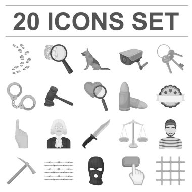 Hapishane ve set koleksiyonu tasarım için criminalmonochrome simgeler. Hapishane ve öznitelikleri sembol stok web illüstrasyon vektör.