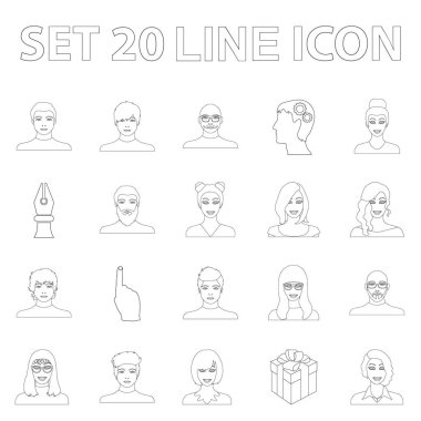 Set koleksiyonu tasarım için Avatar ve yüz anahat simgeleri. Bir kişi görünümü vektör simge stok web çizim.