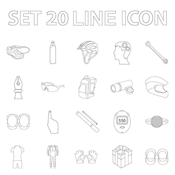 Bicycle outfit outline icons in set collection for design. Bicycle and tool vector symbol stock web illustration.