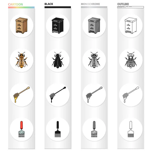 La colmena sobre el colmenar, el insecto de la abeja, la cacerola para la miel, el rascador. Apiary set colección iconos en dibujos animados negro monocromo contorno estilo vector símbolo stock ilustración web . — Archivo Imágenes Vectoriales