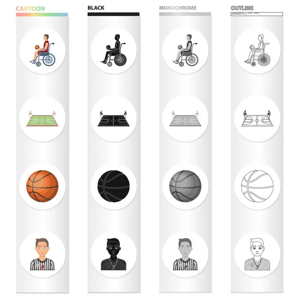 Silla de ruedas, discapacitados, hombre, y otro icono de la web en estilo de dibujos animados. Baloncesto, juego, competiciones, iconos en la colección de conjuntos . — Archivo Imágenes Vectoriales