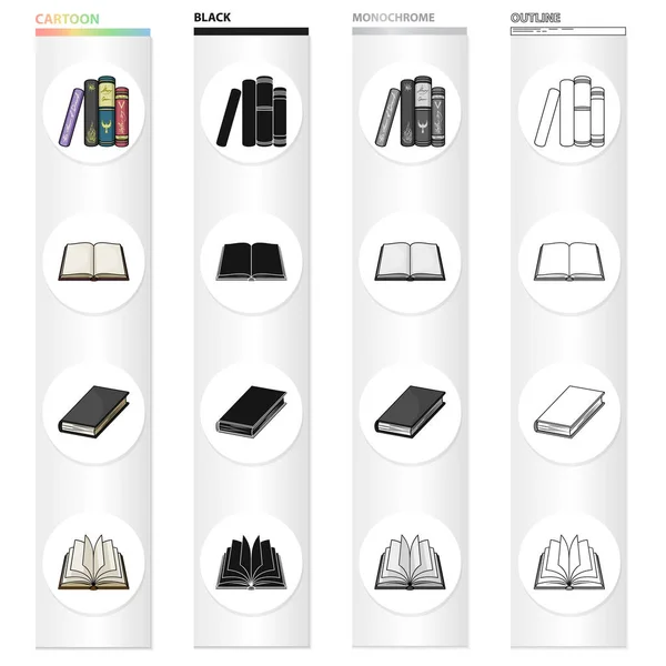 Différents types de livres, littérature, manuel, dictionnaire. Livre set collection icônes en dessin animé noir monochrome contour style vectoriel symbole illustration web . — Image vectorielle