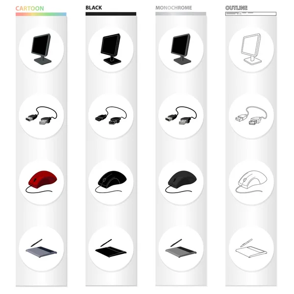 Moniteur d'équipement informatique, câble USB, souris d'ordinateur, tablette graphique. Accessoires informatiques set collection icônes en dessin animé noir monochrome contour style vectoriel symbole illustration web . — Image vectorielle